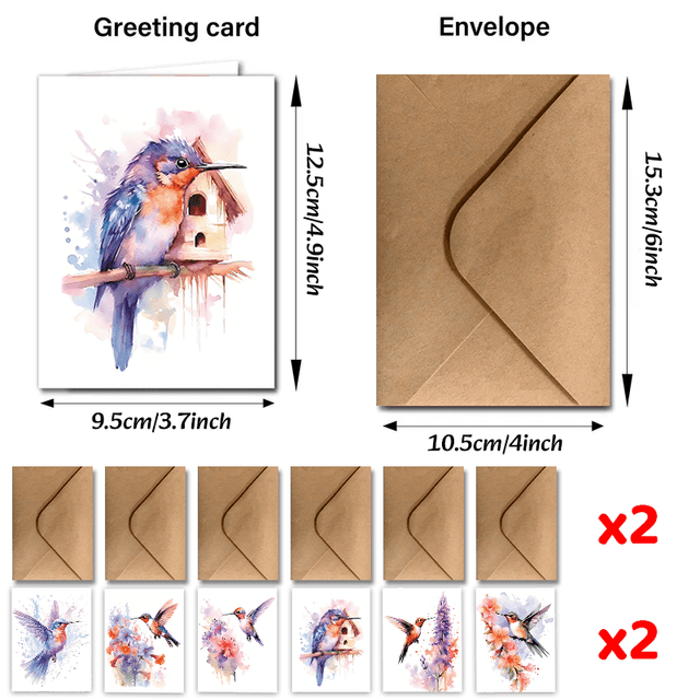 TEMU Set Of 24 Watercolor Greeting Cards Featuring Hummingbirds, Complete With Envelopes, Perfect For Festive Occasions Like Holidays, Parties, Celebrations, Harvests, And Weddings