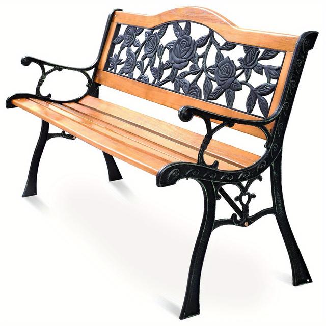 TEMU Lifezeal 49.5 Inches Patio Garden Bench, Cast Metal Frame Park Bench W/ Wood Seat, Ergonomic Outdoor Bench For 3, Curved Armrests & Appealing Back, Perfect For Garden, Porch Backyard