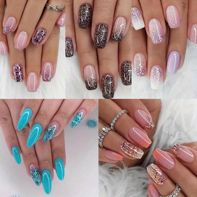 TEMU 120pcs (5pcs) Glitter Gradient Press-on Nails Set - Short Ballet Square Fake Nails With Starry Sky Purple; Brown Glitter Design For Women And