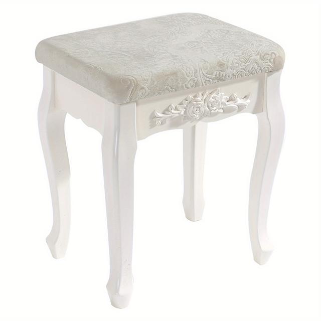 TEMU Baroque Soft Padded Vanity Stool With Square & Sturdy Mdf Frame - Elegant Makeup Chair Suitable For Bedroom Dressing Table, Cream White, Assembly & Comfortable Padded Top (baroque Style)