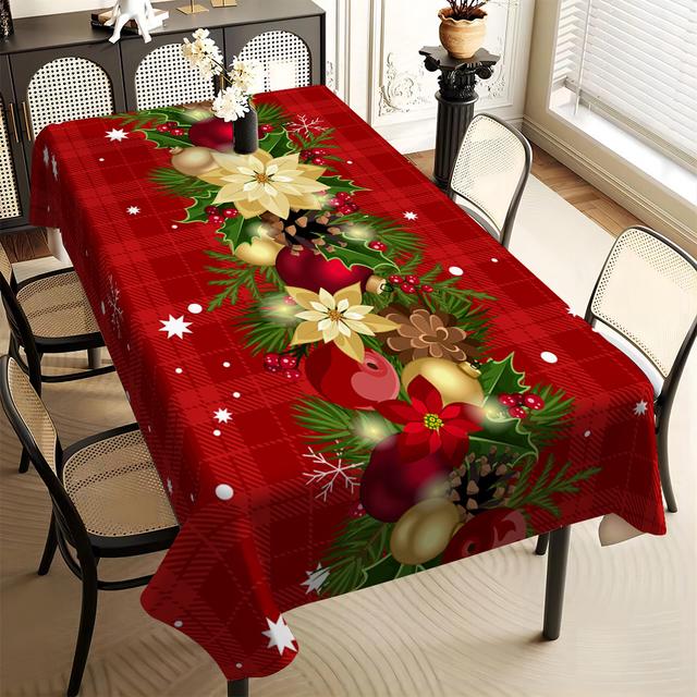 TEMU 1pc Christmas Themed Floral Print Tablecloth Easy To Clean Polyester Suitable For Holiday Dining And Parties Suitable For Square And Rectangular Tables