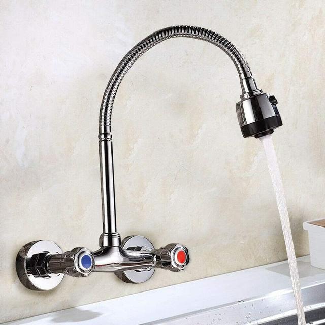TEMU de pared, de pared para cocina y baño, lavabo giratorio de 360°, mezclador de dos manijas para fregadero de pared