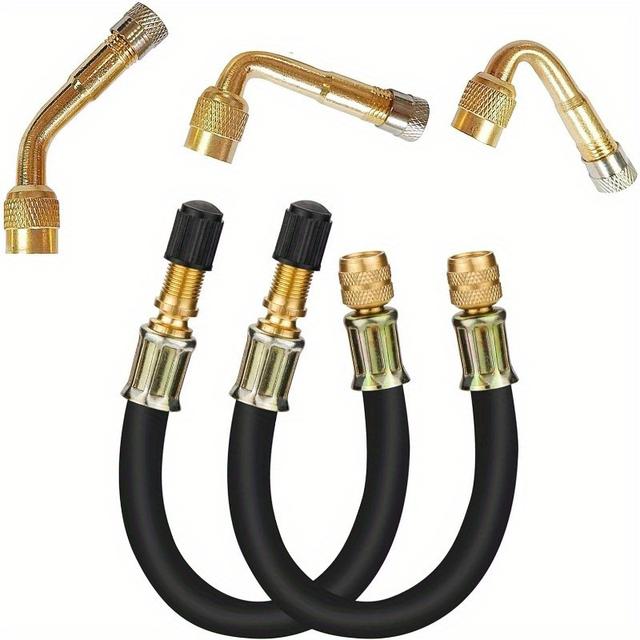 TEMU 5-piece Tire Valve Stem Extension Kit With 3 Air Caps, 2 X 210mm Black Hose, 3 Brass Fittings - 45°, 90°, 135° For Rv, Bicycle, Motorcycle Compatibility