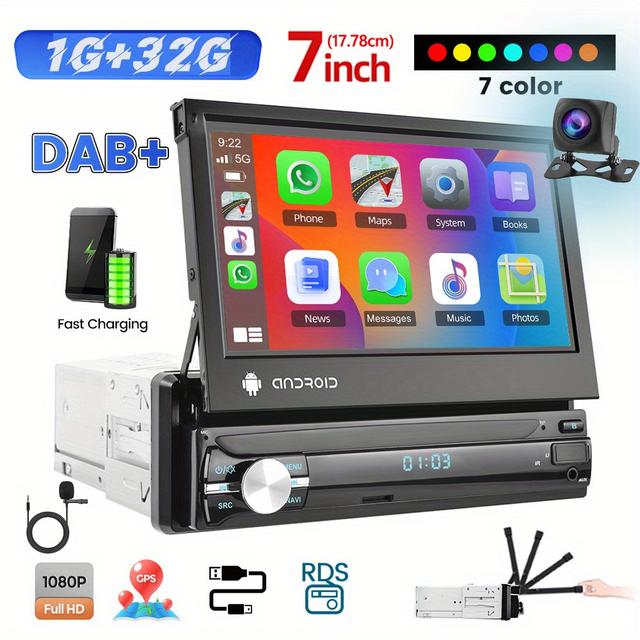 TEMU Podofo 1 + 32g Car Din With Wireless Rds, 7 Inch Screen Extendible Manual 13 Car Radio Stereo With Wifi Fm/ Rds Radio Aux-in Carplayer For Auto + Reversing Camera For For Christmas