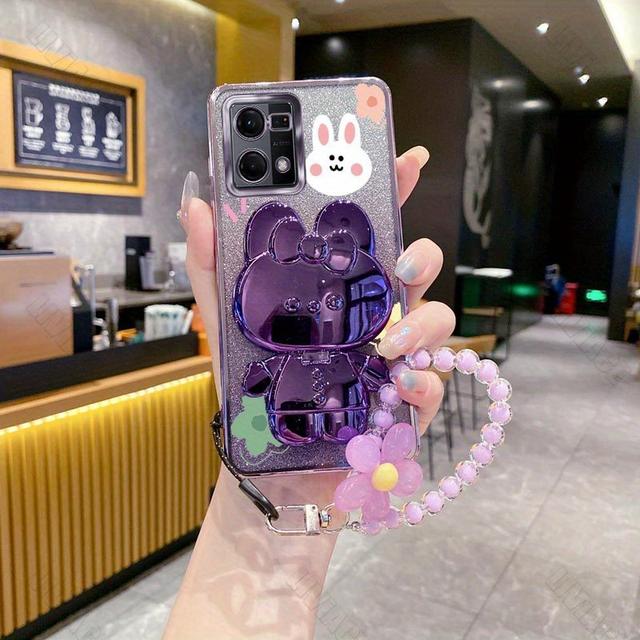 TEMU Funda para teléfono: Reno7 con correa de flores, espejo de maquillaje , soporte para teléfono con , funda con soporte para Oppo Reno 7 4G, Oppo Reno7 4G