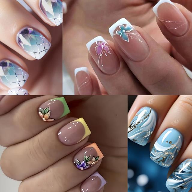 TEMU 4 Packs (96pcs) Glossy Press-on Nails Set, Short Squoval Artificial Nailtips With Pink Stripe, Glitter, Floral, And Geometric Designs, Fashionablestick-on False Nails For Women