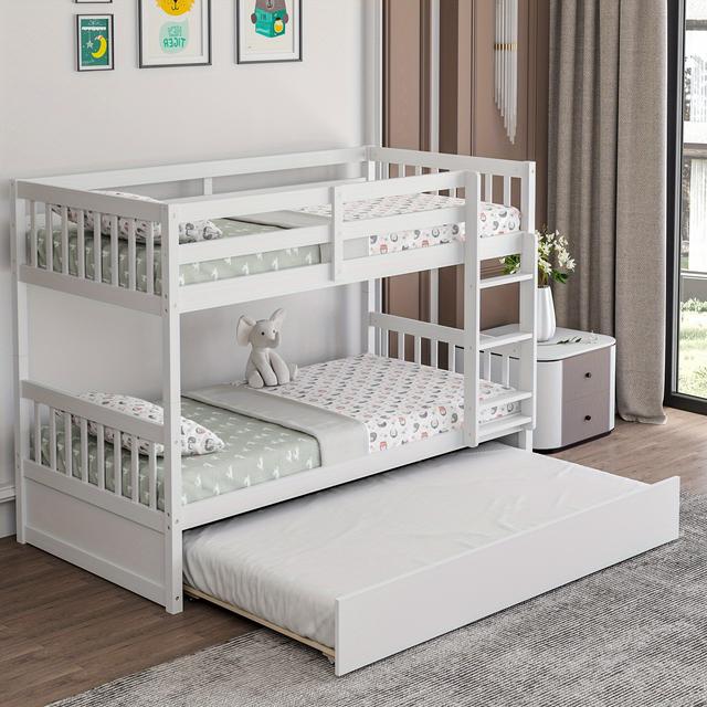 TEMU Maxmass Twin Over Twin Bunk Bed With Trundle, Convertible Platform Bed Frame With Ladder, Solid Wood Frame & Safety High