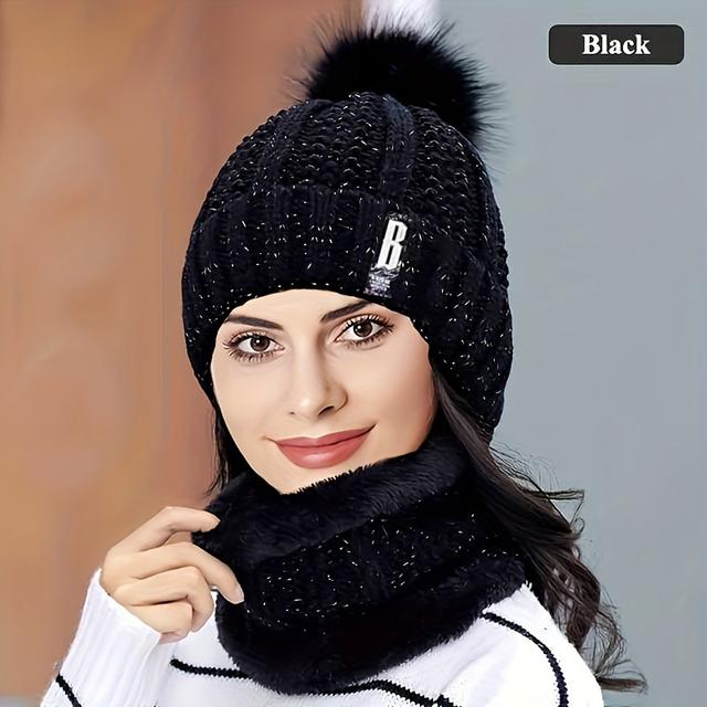 TEMU Winter Essential, 2pcs Hat And Scarf Set - Thick Plush With Ball, Comfortable For Autumn And Winter, Outdoor Use