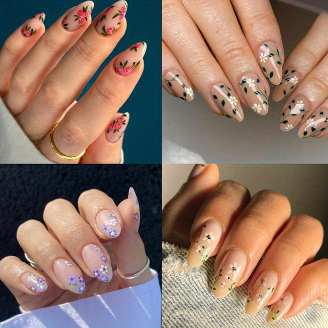TEMU 96pcs (4 Pack) Chic Glossy Flower Nails - Pure Nude Medium Almond Shape Set, Adorable Glue-on Design For Women & Girls, Perfect Spring Summerstyle - Full Coverage
