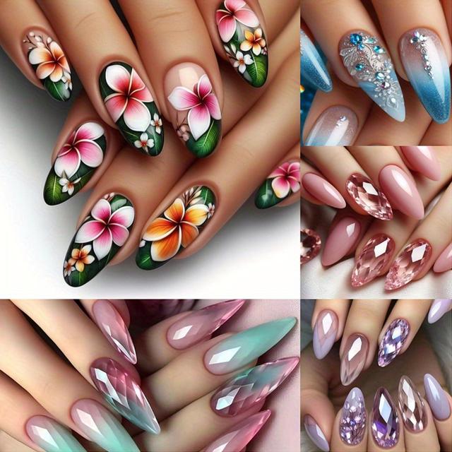 TEMU 120pcs (5 Pack) Glossy Almond-shaped Press-on Nails With Gradient Cat Eye Glittery Floral Gradient French Design - Great For Women's Birthday Party And Festive Occasions