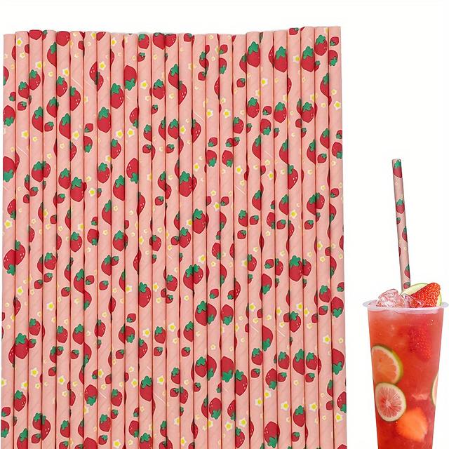 TEMU 100-pack Strawberry Print Paper Straws, Suitable For Parties, Food-grade Disposable Drinking Straws, Cocktail Decorations, Festival Supplies
