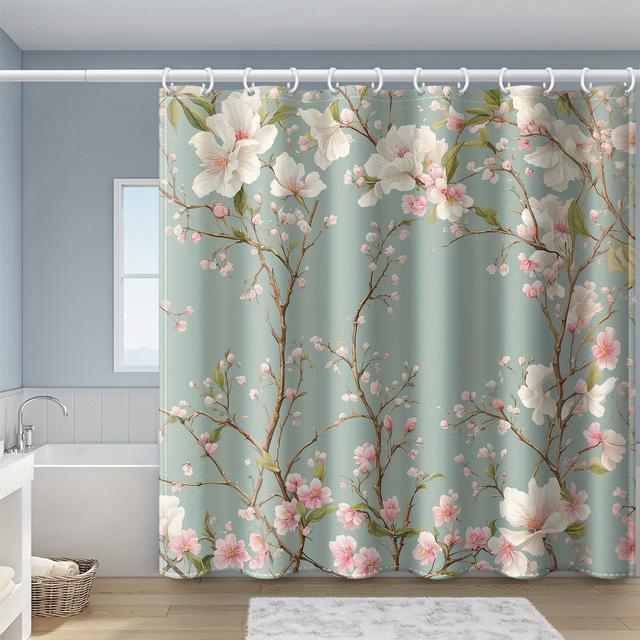 TEMU 1pc Lake Green Bottom Peach Branch Printed Shower Curtain, With Hooks, Polyester Fabric, Windows And Walls, Bathtub Bathroom Home Decoration Shower Curtain, All Season Universal 71x71 Inches