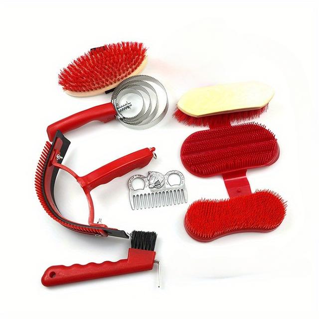 TEMU 8-teiliges Pferdepflege-Set, Aluminiumlegierung, Pferdepflege-Set, Hufhaken, Schweißabzieher, Nagelbürste, Metallkamm, Pferdebürste, Stallzubehör, Tasche inklusive