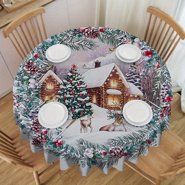 TEMU Christmas Snow Scene Round Tablecloth Modern Simple Tablecloth, Polyester Colorful Holiday Design Tablecloth Suitable For Kitchen Picnic And Camping Desktop Decoration Tablecloth