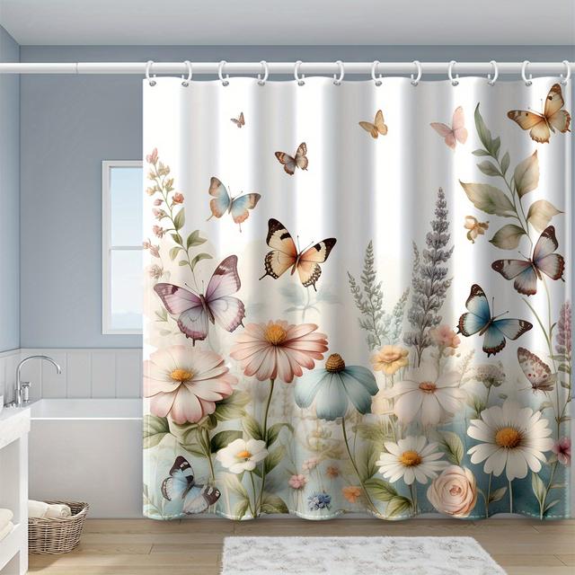 TEMU 1pc Flower Flower Print Shower Curtain, With Hooks, Polyester Fabric, Windows And Walls, Bathtub, Bathroom Home Decoration Shower Curtain, All Season Universal 71x71 Inches