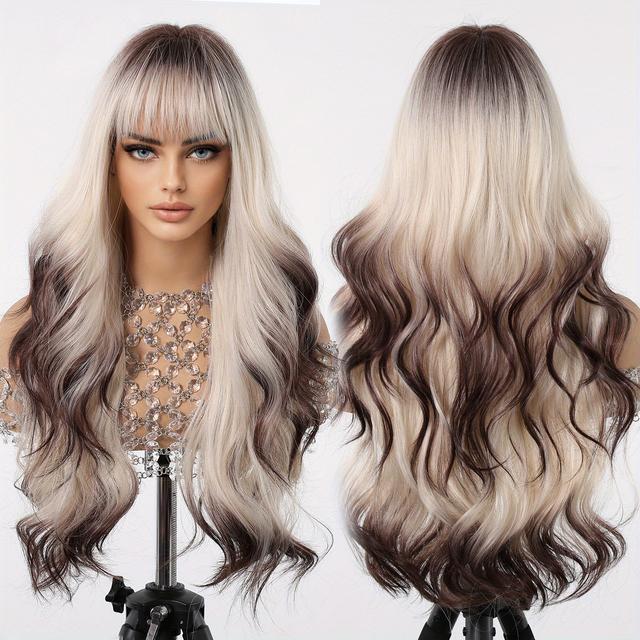 TEMU 28 Inch Long Gradient Brown Highlight Dyed Wig With Bangs 28" Ombre Brown Blend Wigs For Women Long Curly Wavy Synthetic Wig For Daily Party Use