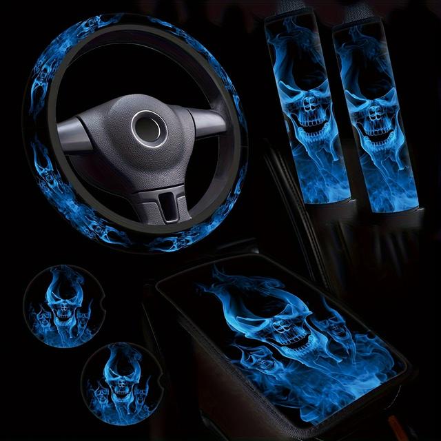TEMU Blue Flame Print 6pcs Set (1 Steering Wheel Cover +1 Center Armrest +2 Seat Belt Shoulder Covers +2 Coasters)