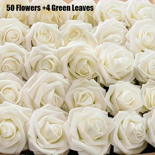 TEMU 54pcs 50 Artificial Roses Leaves, Realistic Ivory Fake Roses For Wedding Bouquets, Valentine's Day, Mother's Day, Halloween, Christmas, Garden And Yard Decorations, Home Decoration