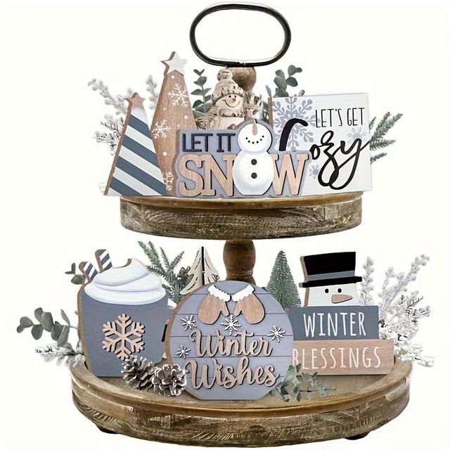 TEMU Christmas Decorations Winter Tiered Tray Decoration Gray Winter Snowflake Tray Decoration Set Let Snowman Wood Sign Christmas Rustic Home Decor Table Stand Fireplace Party