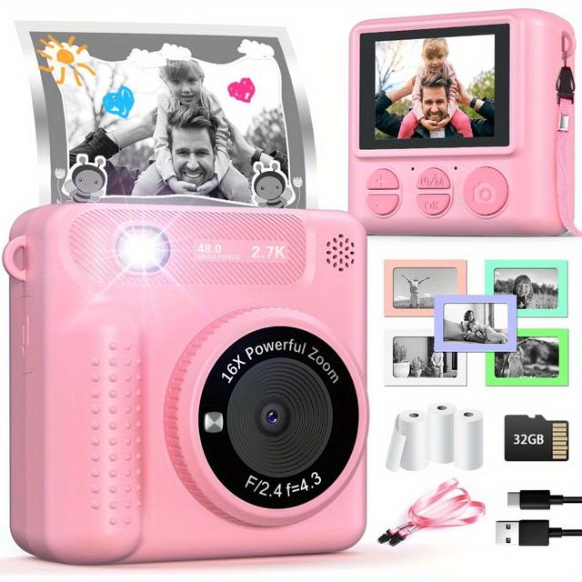 TEMU Kids Camera Instant Print, 12mp 1080p Digital Camera For 3-12, Christmas Birthday Gifts For 4 Year Old Girls Boys, 32gb Toddler Hd Video Camera Print Photos Portable Toy