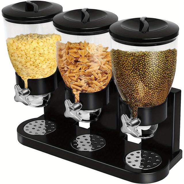 TEMU 1pc 3-bucket Cereal Machine- Space-saving Breakfast Cereal Dispenser With Rice And Oatmeal Storage, Snack Container For Home Kitchen Organization And Convenience