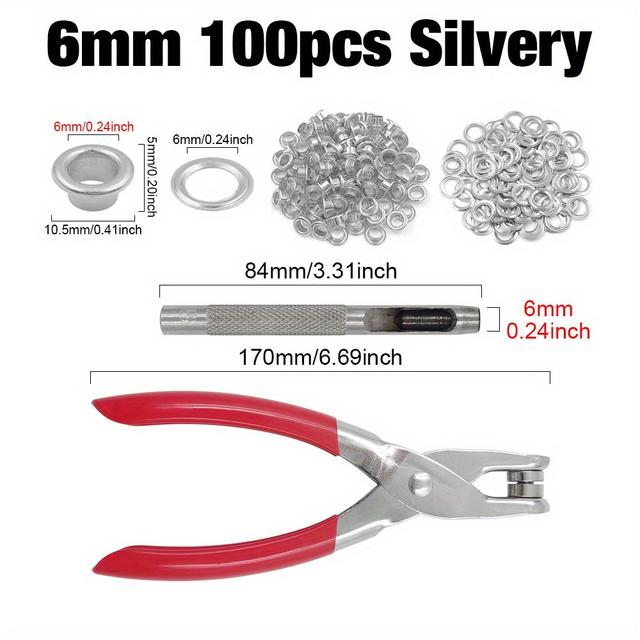 TEMU Alicates para ojales de 4 mm/6 mm/12 mm + 100 ojales dorados/plateados con herramientas de instalación y perforación