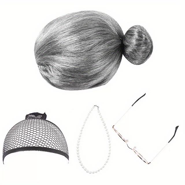 TEMU 4-piece Senior Lady Cosplay Accessory Set With Granny Wig, Round Eyeglasses, Pearl Necklace, , Dress-up Props For Party, Plastic Material, No-wash Required