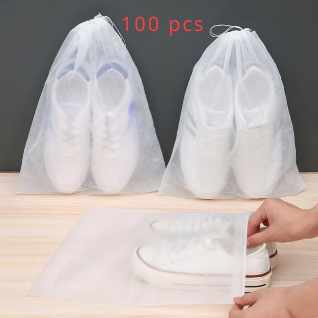 TEMU 100pcs White Portable Shoe Bags, Non-woven Fabric Drawstring Shoe Storage Bags Anti-yellow Drying Bags Travel Storage Bags Shoe Dust Covers
