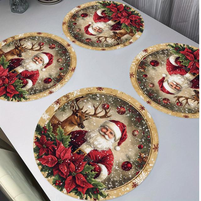 TEMU 4-pack Knit Fabric Polyester Round Placemats - Hand Wash Only, Non-slip Vintage Christmas Santa & Reindeer Design, Heat Resistant 15" Table Mats For Holiday Dining & Party Decor