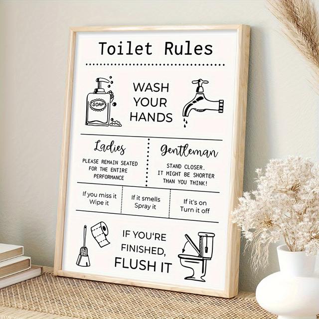 TEMU 1pc Wooden Frame Bathroom Rules Canvas Wall Art, 30x45cm/12x18 Inch, Black And White Toilet Etiquette Decor, Pine Wood, , No Power Needed, Featherless, Universal Holiday Hanging Decor