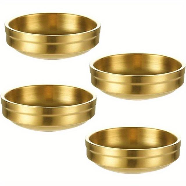 TEMU 4개 세트 더블 미니 스테인리스 믹싱 트레이, 라운드 믹싱 볼, 스시 디핑 샌드위치 보울, 애피타이저용 샐러드 드레싱 트레이, 사이드 디쉬, 칩스, 케첩 (골든)