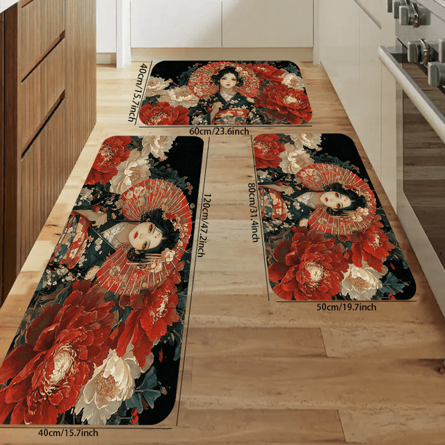 TEMU พรมพื้นลายคิโมโนญี่ปุ่นและดอกไม้สุดชิค - พรมพื้นโพลีเอสเตอร์สไตล์โมเดิร์นสำหรับห้องครัวและห้องอาหาร, สามารถซักเครื่องได้, พรมครัว, ตกแต่งคริสต์มาส