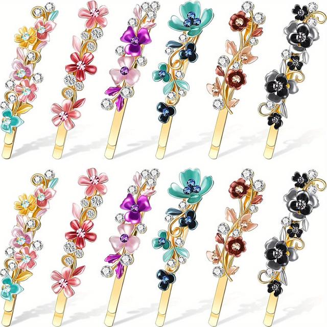 TEMU 12pcs Vintage Flower Hair Pins Women Barrette Bobby Pins Decorative Metal Hairpins Colorful Hair Clips French Hair Decorative Accessories For Women