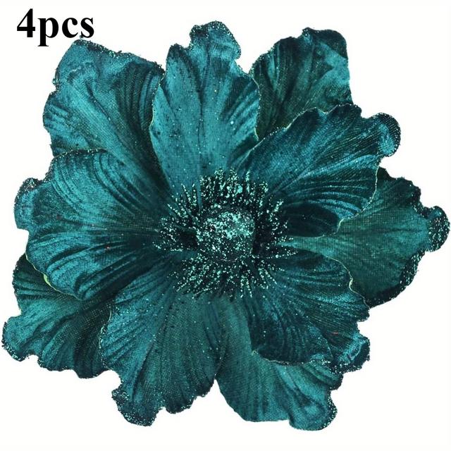 TEMU 4 Peças de Flores de Natal Grandes de Artificiais com Glitter Verde-Escuro de 8,7 Polegadas, Flor Dobrada para Decoração de Árvore de Natal, Guirlanda, Decoração de de Mesa de Casamento