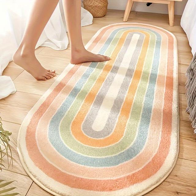 TEMU 1pc Fluffy Rainbow Stripe Area Rug | Soft, Machine Washable Polyester Carpet For Bedroom, Living Room, And Home Decor - Oval Shape, Bonded Pile, Pvc Backing