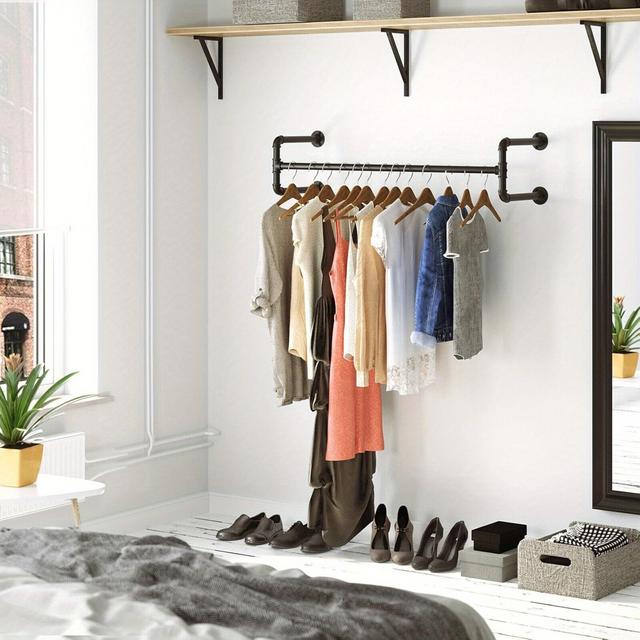 TEMU Industrial Pipe Clothes Rails Wall Mounted Clothes Rack Removable Retro Metal Coat Rails For Living Room Bedroom Black Load Capacity Up To 40kg