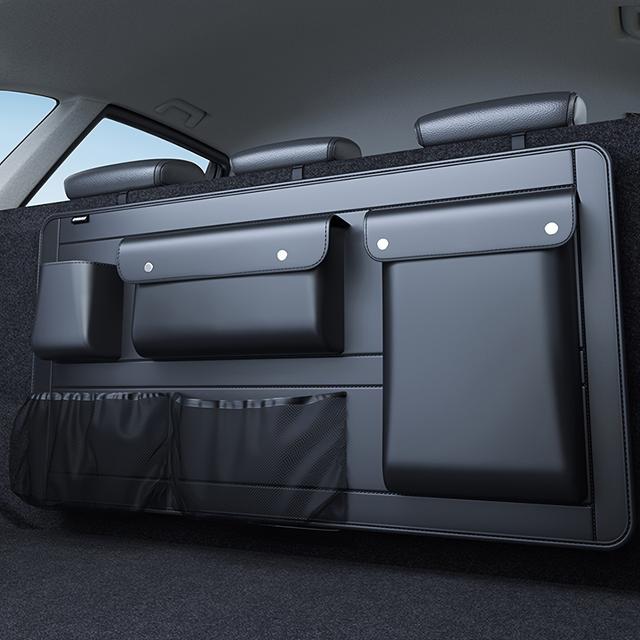 TEMU Premium Pvc Car Trunk Organizer - Multifunctional Storage Bag With Mesh Pocket & Metal Hooks For Vehicle Organization, Black, Trunk Storage Organizer