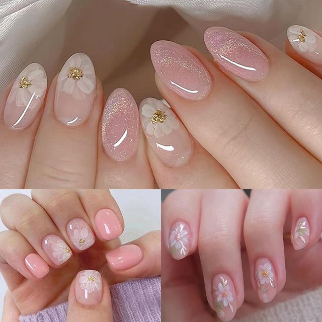 TEMU 72pcs (3 Pack) Wearing Nail Almond Shaped Short Fake Nails Pink Fake Nails With Flower Patterns Shiny Fake Nail Glue Suitable For Women
