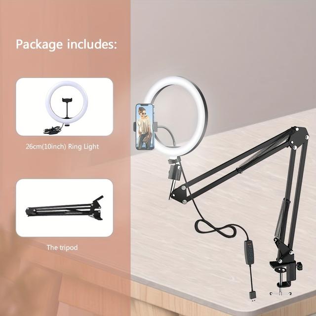 TEMU With Phone Holder - Dimmable Usb-powered Selfie Light With Adjustable Stainless Steel Folding Arm Stand, 3 Light Modes, 10-100% Brightness For Streaming, Photography, Video Recording