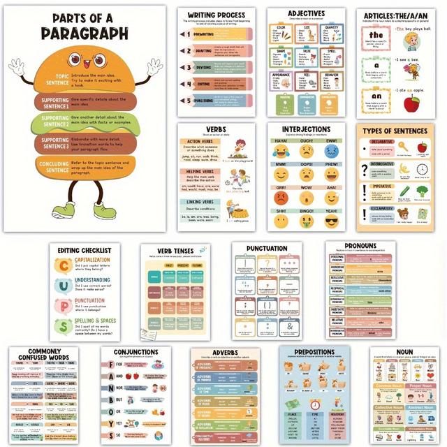 TEMU 16-poster Set - Vibrant English Classroom Decorations For School - 8*10in Educational Posters, Tools, Classroom Organization, And Teaching Aids, Room Decor