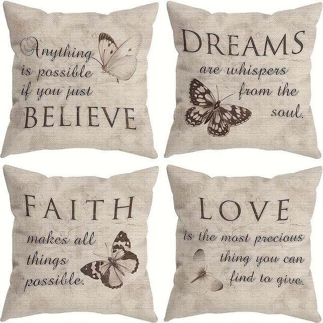 TEMU Set Of 4 Inspirational Quote Polyester Throw Pillow Covers - Vintage Polyester With Pattern, Modern Zipper Cushion Covers For Living Room Decor - Machine Washable - Dream, , Design