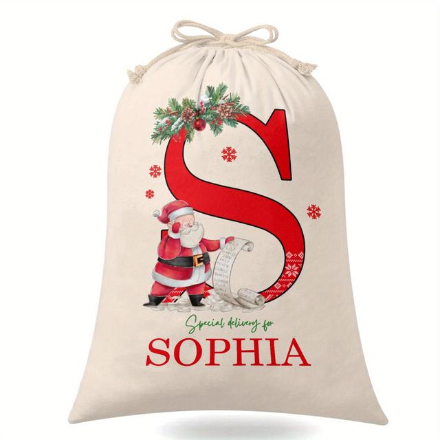 TEMU Personalized Santa Drawstring Gift Bag With Custom Name - Polyester Christmas Stocking For Holiday Presents