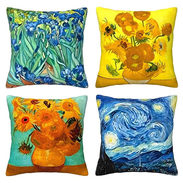 TEMU Van Gogh Inspired 4pcs Square Throw Pillow Covers Set - Polyester Blend, Zippered, Machine Washable - Sofa, Bed, - Modern & Farmhouse Style