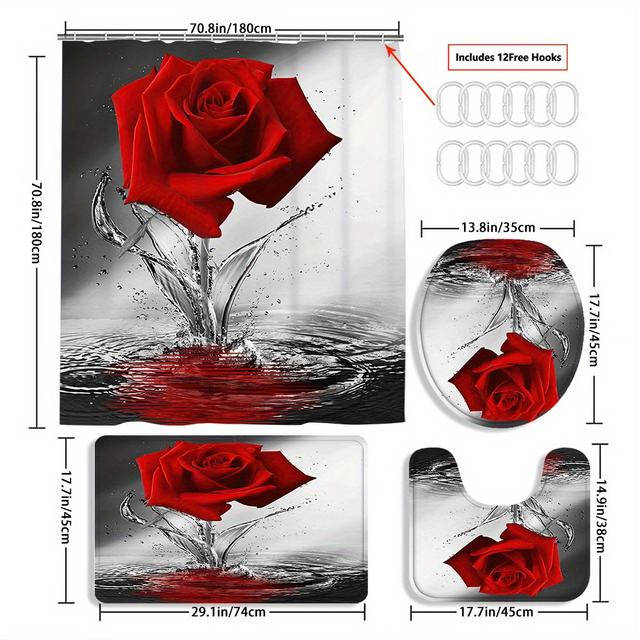 TEMU 4pcs Red Falling Rose Curtain Decoration, Beautiful Housewarming Gift Decoration, Waterproof Shower Curtain And Toilet Floor Mat Three-piece Set Comes With 12 Shower Curtain Hooks