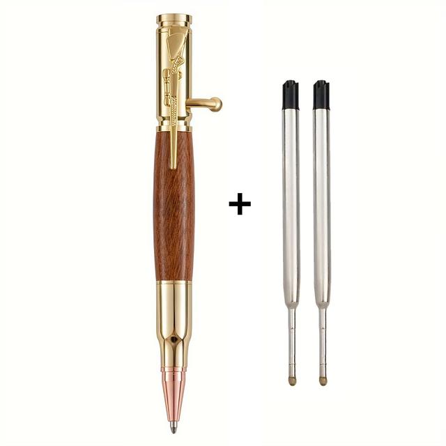 TEMU Stylo Bille Métallique Ergonomique Rétractable avec 2 Recharges, Corps en Bois Rond avec Fusil, Stylo à Bouton, Pointe Moyenne, , Bois de Rouge, Stylo Cadeau d'