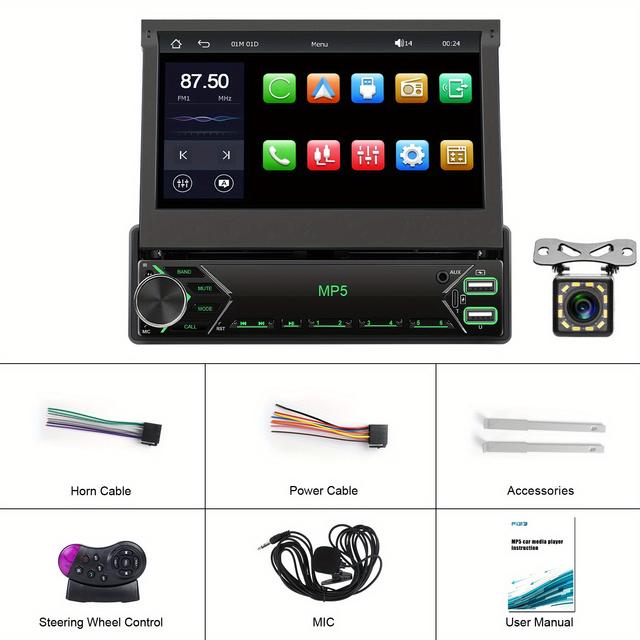 TEMU Single Din Car Stereo Radio 7'' Hd Manual Telescopic Touch Screen Car Multimedia Player With Fm Radio Support Wired Carplayer&for Auto