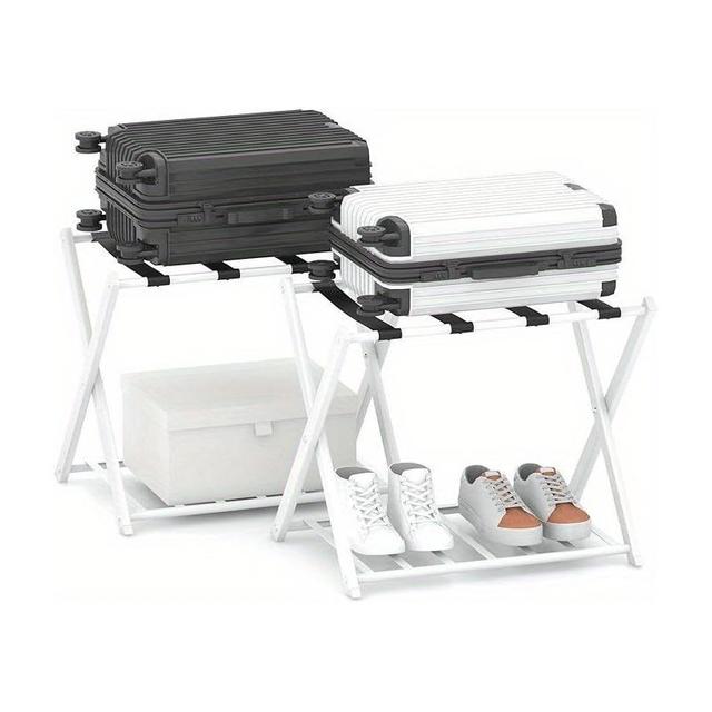 TEMU Folding Luggage Rack (set Of 2), 2-tier Suitcase Stand With Storage Shelf, Heavy-duty Metal Luggage Holder With Strong Nylon Belts For Bedroom, Closet, , White