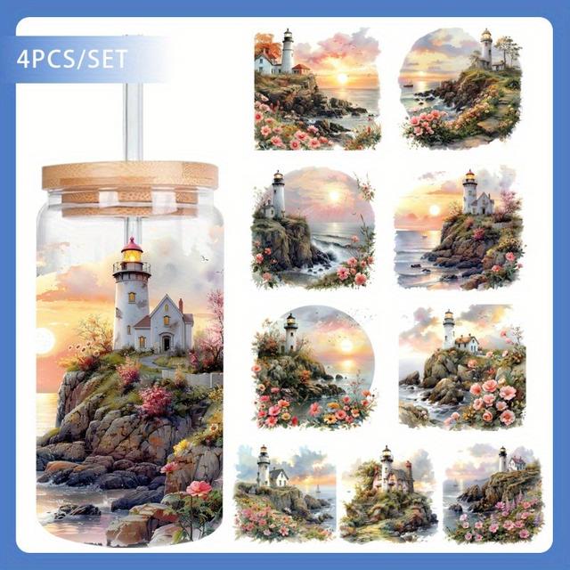 TEMU 4pcs/set Beautiful Lighthouse Uv Dtf Vinyl Paper Waterproof Transfer Paper For 16 Oz Glass Jars, Easy To Apply, High Quality Diy Handmade Decorative