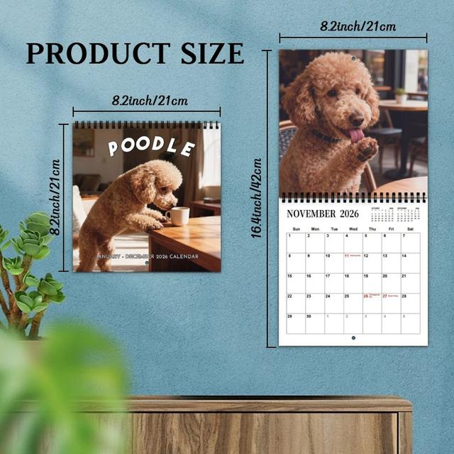 TEMU 2026年 かわいいプードルの子犬&犬の壁掛けカレンダープランナー - 12ヶ月大型レイアウト、月間ブリティン付き、日付入りデイリープランナー、オフィス用 - 愛らしいプードルデザイン、クリスマス&新年のギフトに最適