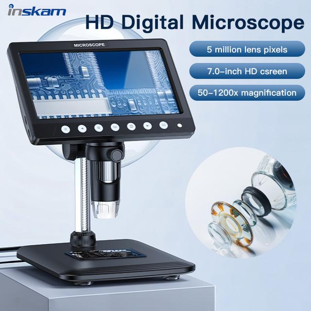 TEMU Inskam 7-inch Hd Digital Microscope 50-1200x Magnification, 5mp Lens With 8 Led Lights, 178° Wide Ips Screen, Photo & Video Capture, Ideal For Education, Biology, Coin Studying